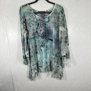 Mushka Sienna Rose, Inc. Large Fringed Tunic Blouse Top Wearable Art Blues
